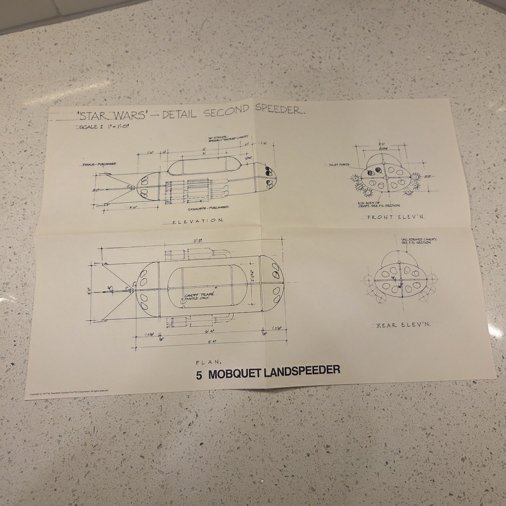 1977 Star Wars 5 Mobquet Landspeeder blueprint, vintage Memorabilia Poster